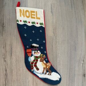 Vintage Wool Needlepoint Christmas Stocking Noel Snowman Reindeer